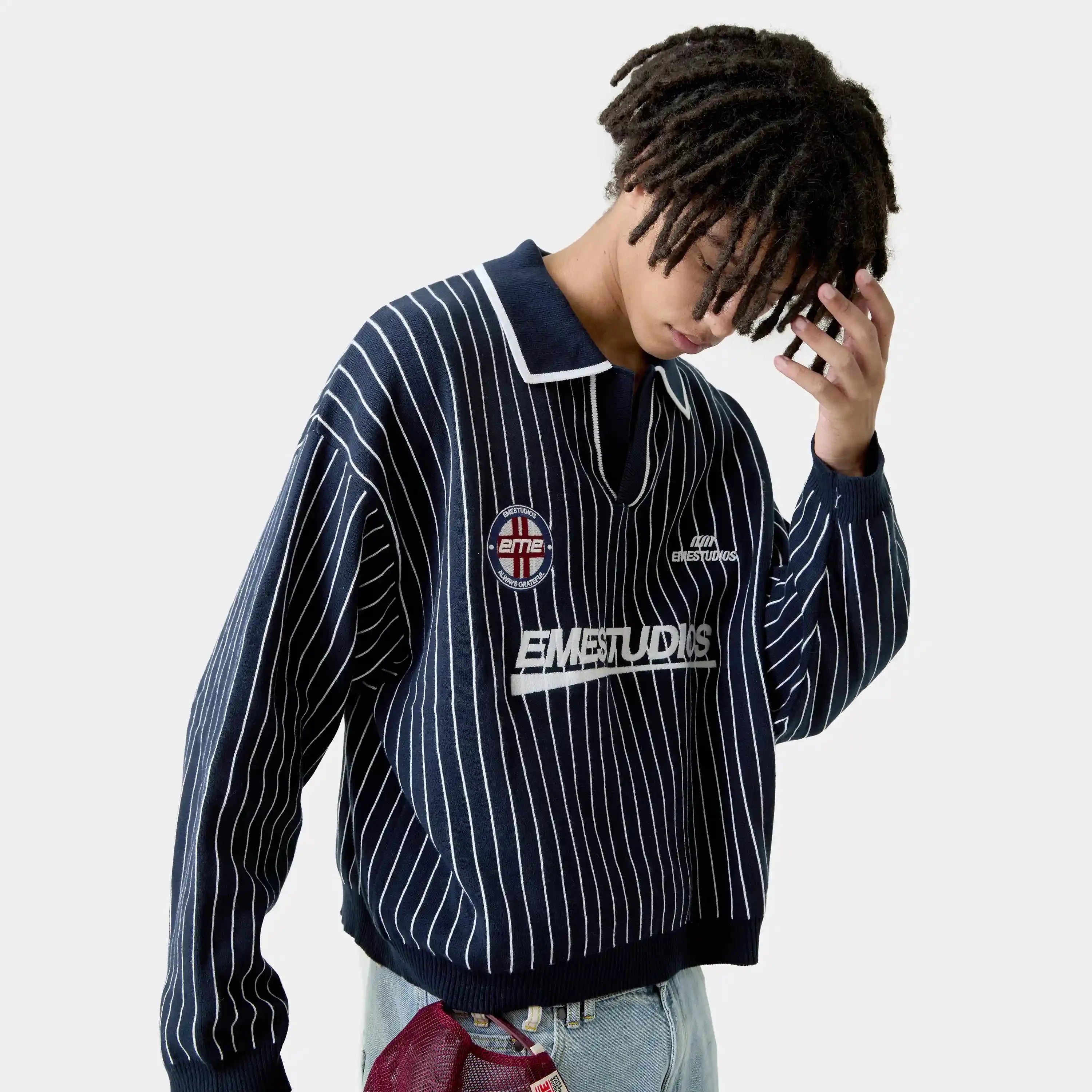 PINSTRIPE NAVY KNIT POLO