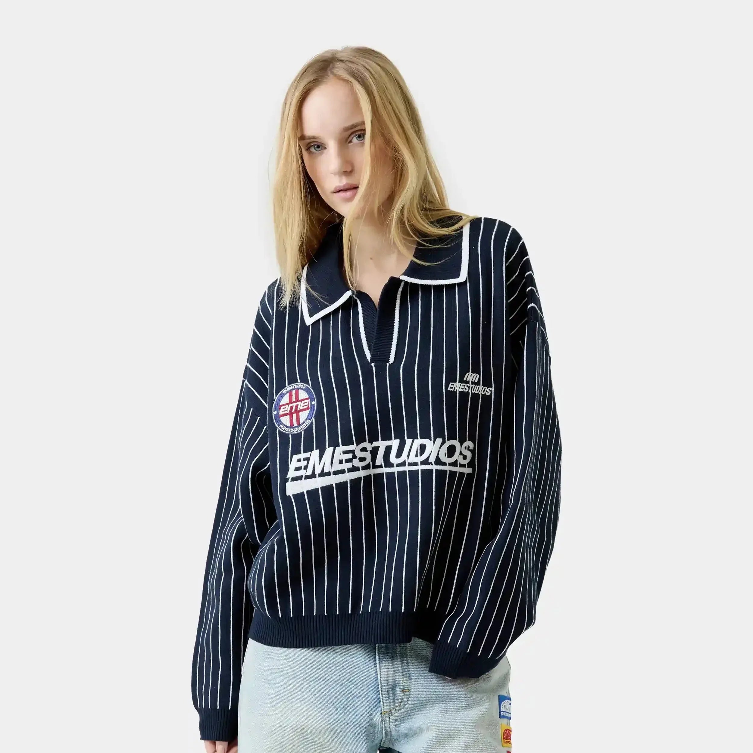 PINSTRIPE NAVY KNIT POLO